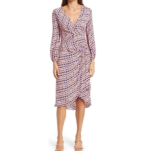 Diane Von Frustenberg Pink blue Draco Abstract print3/4 sleeve dress 4 NWT
